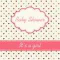 Baby shower invitation. Hot pink, white and azure colors. Frame with symbol of rompers on a background with little hearts pattern.